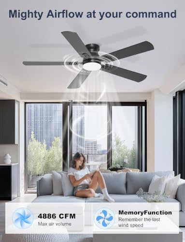 Phylluz 52-Inch Black Flush Mount Ceiling Fan with Lights for Bedroom