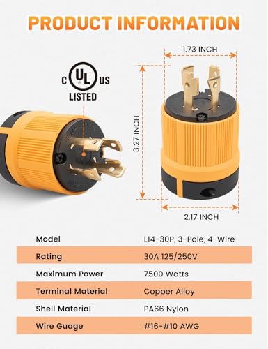 MECMO L14-30P Generator Locking Plug, 30 Amp Twist Lock 4-Prong Male Connector