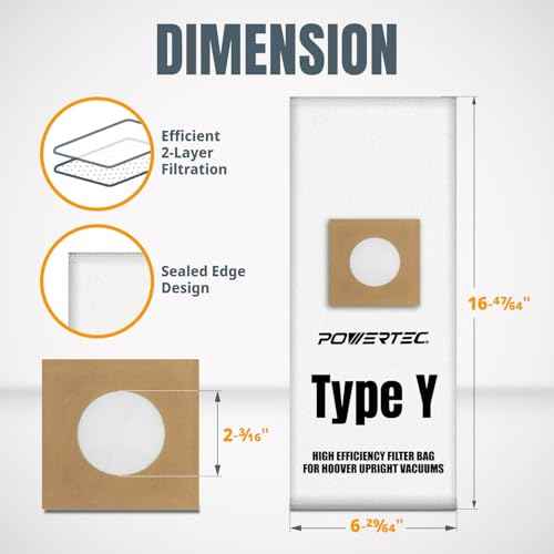 POWERTEC Type Y Vacuum Bags 10 PK for Hoover Style Y, Z, YZ WindTunnel Upright Vacuum Cleaners, Replacement Dust Bags for 4010100Y, AH10040 and AH10165 (75057V)