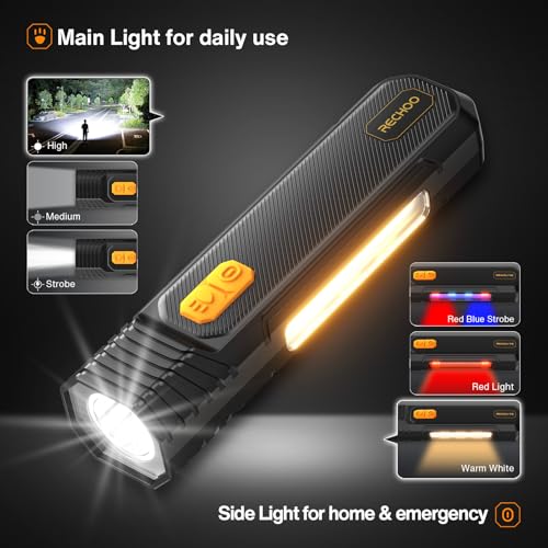 RECHOO Rechargeable Flashlight High Lumens, Portable Flashlight for Emergencies with COB Side Light & 6 Modes, Multi-Functional LED Flashlight for Outdoor, Home, Camping (Battery Included)