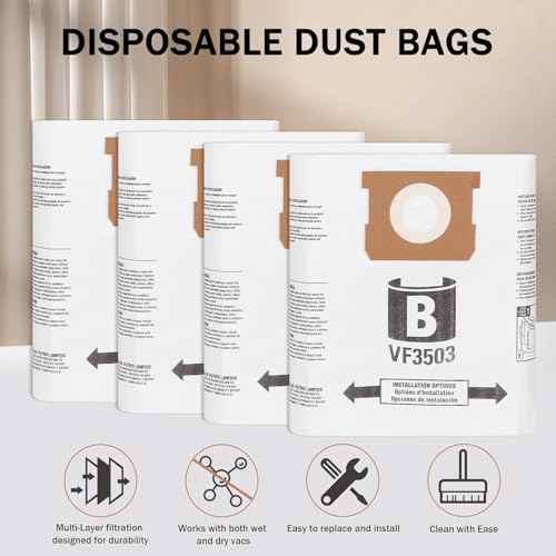 VF3503 Shop Vac Bags for Ridgid 5 to 10 Gallon Wet Dry Vacuums -6Pack Vacuum Bags Replacement for WD5500, VAC5000, WD0670, WD6425, HD0918, WD0970, WD0975, WD1060, 50328/1000RV, WD10220
