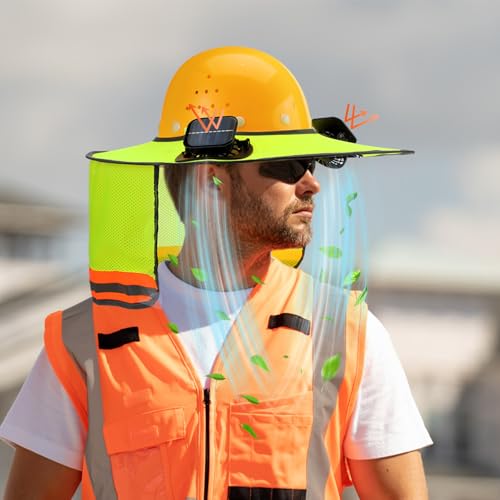 1 Set Sun Hard Hat Shade Full Brim Hard Hat Sun Visor with Solar Fans and Neck Sunshade Cover High Visibility Full Brim Mesh with Reflective Strip, Summer Protection Accessories(Fluorescent Yellow)