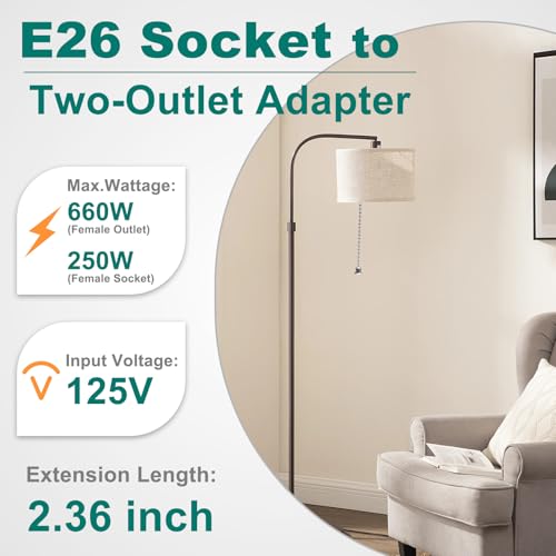 DiCUNO 2-Pack UL Listed E26 Light Socket to Plug Adapters with 15.75" Pull Chain - White