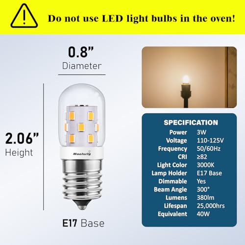 Maelsrlg 2 Pack LED Microwave Light Bulbs 3W 380 Lumens E17 3000K Warm White, Dimmable Under Hood