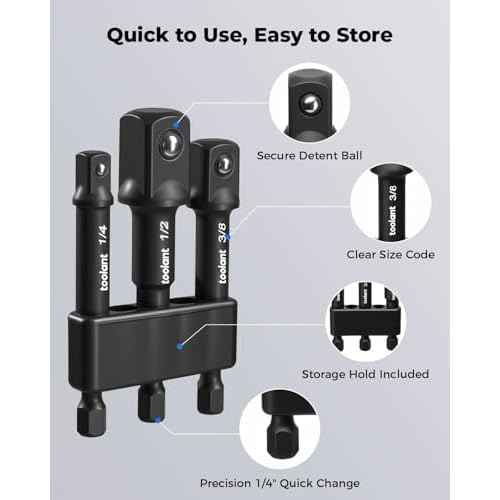 toolant Impact Socket Adapter Set, 3 pcs, 1/4", 3/8", 1/2" Drive, Hex Shank Drill Bit Adapter with Holder, Compatible with Power Drill & Impact Driver