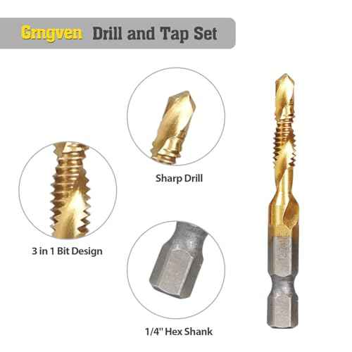 6PCS Combination Drill Tap Bit Set, Titanium Coated Screw Tapping Bit Tool for Drilling, Tapping, Countersinking. SAE 6-32NC 8-32NC 10-24NC 10-32NC 12-24NC 1/4-20NC Tap Set