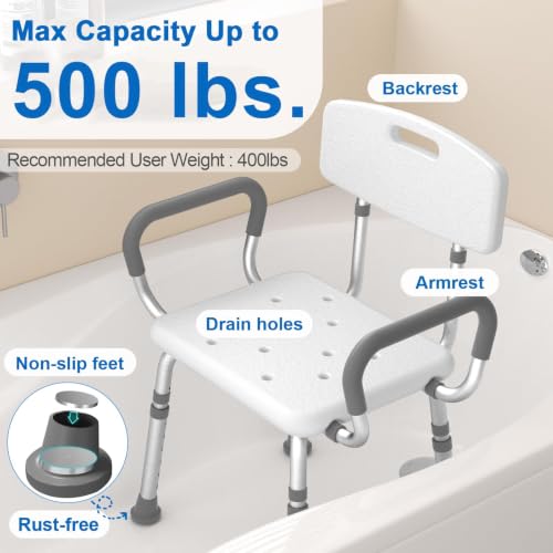 Heavy-Duty Shower Chair with Padded Armrests & Adjustable Height - Support Up to 500lbs