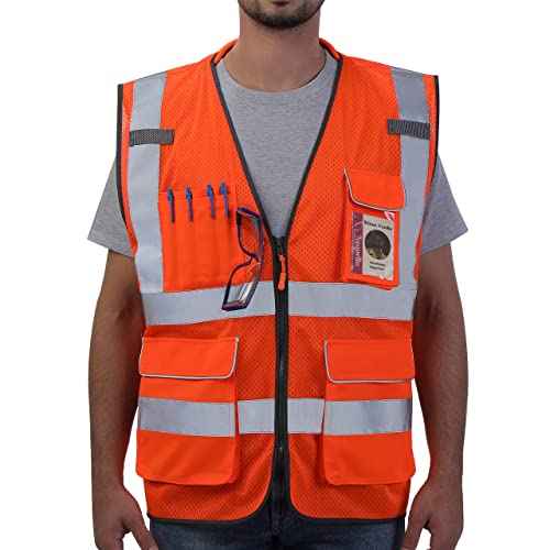 Neopelta Reflective Safety Vest Orange Mesh, High Visibility Vest with Pockets and Zipper, Padded Neck, Construction Work Vest ANSI Class 2, Orange L