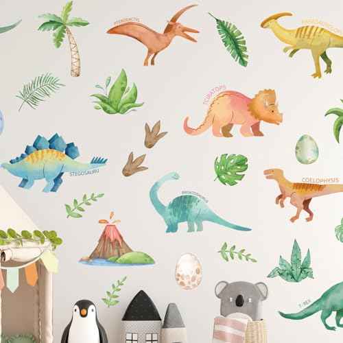 Wall Decals for Kids Room - Self Adhesive Removable Dino Palm Tree Wall Stickers, Jungle Nursery Bedroom Playroom Classroom Decor, Easy Peel & Stick Boys/Girls Home Art