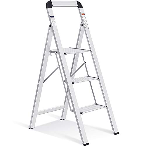 KINGRACK 3-Step Aluminium Ladder with Handrail - Lightweight Foldable Step Stool for Kitchen, Garage, Home, Silver