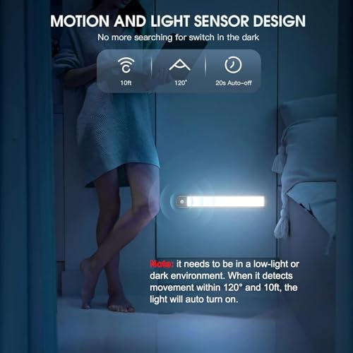 White 10-Inch Rechargeable Motion Sensor Under Cabinet Light 2 Pack - Dimmable LED Closet & Kitchen Lighting