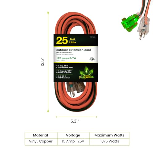 Orange 25 ft 12/3 SJTW Outdoor Extension Cord with Lighted End
