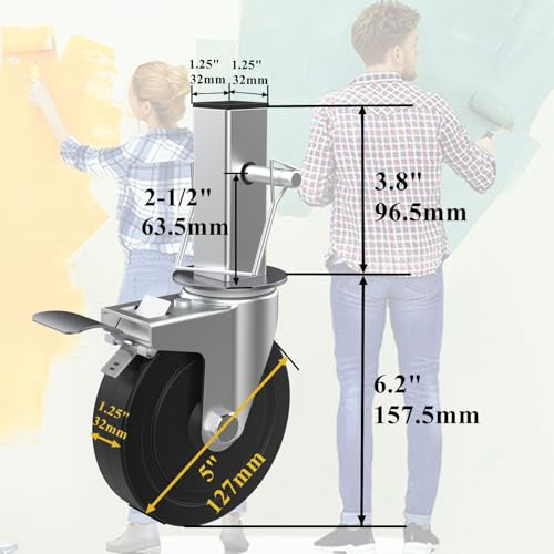 MSWY 5 Inch Scaffolding Casters Set of 4 Heavy Duty Rubber Wheels with Dual Locking Brakes - Model 5in-4, 1760Lbs Capacity