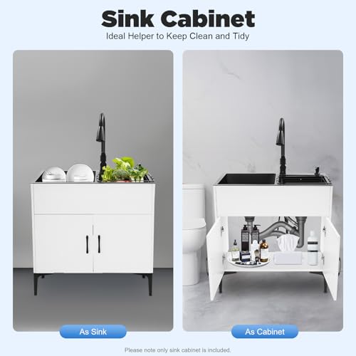 White Laundry Sink with Cabinet and Pull-Out Faucet - Double Basin Utility Sink for Garage & Bathroom