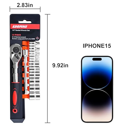 Egofine 12-Piece 1/4 Inch Mini Ratchet Socket Set with 10 Sockets, Quick Release Handle & Extension Bar - Metric Sizes
