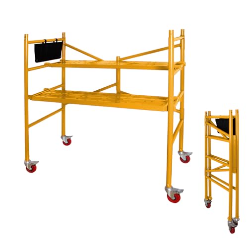 LEADALLWAY Yellow 4-Foot Portable Rolling Scaffold Platform with 2 Adjustable Levels