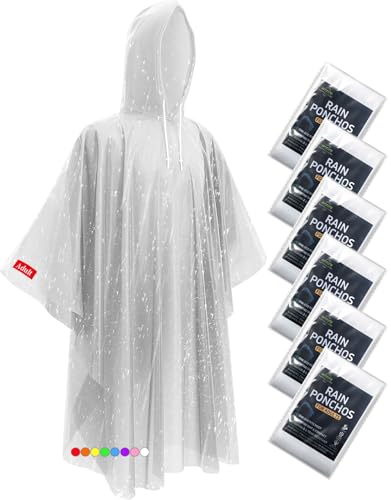 Hitituto Clear Rain Ponchos for Adults - Extra Long Hooded Emergency Pack 6pcs