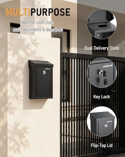 Uniclife Wall-Mounted Black Metal Donation Box with Key Lock