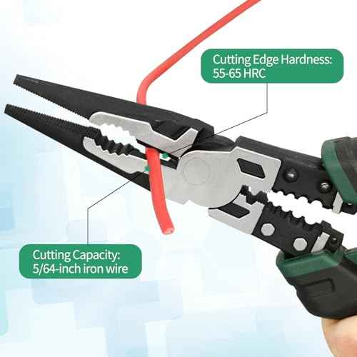 9'' Needle Nose Pliers, 6-in-1 Multifunction Long Nose Pliers, with Spring Loaded Safety Lock, for Fastening, Winding, Cutting, Stripping, Crimping, Clamping