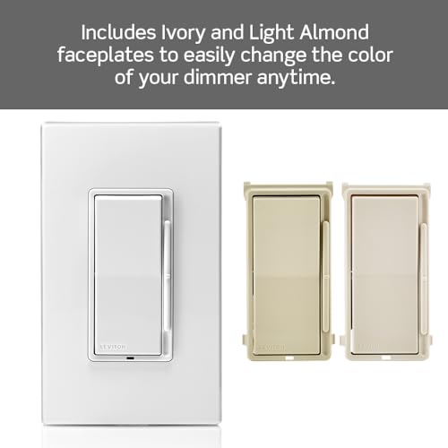 Leviton Decora Slide Dimmer Switch for Dimmable LED, Halogen and Incandescent Bulbs, DSL06-1LZ, White with Ivory and Light Almond Faceplates