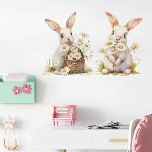 Bunnies and Daisies Wall Decals Removable Spring Animal Vinyl Stickers for Nursery Kids Bedroom and Playroom Decor Peel and Stick Rabbit Wall Art
