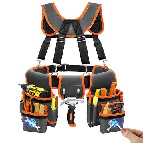 Tool Belt, Professional Tool Belts for Men, Magnetic Tool Pouch With Suspenders, Heavy Duty Detachable Adjustable Utility Belt Work Bags for Electrician, Carpenter (Gray and Orange, 32''-66'')