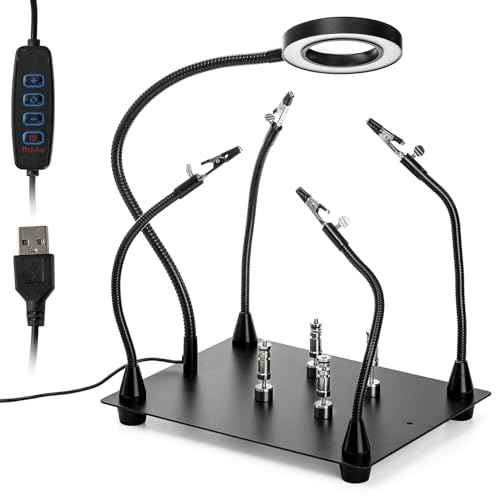 WUWEOT Helping Hands Soldering Clamp Station, 6X LED Magnifying Lamp, Moveable 4 Magnetic PCB Holder, Flexible Metal Arms, Non-slip Weighted Base, Third Hand Tool for Electronic Repair Crafts Jewelry