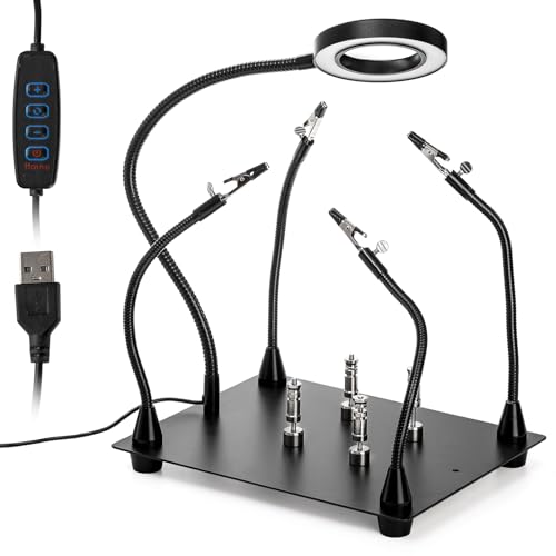 WUWEOT Helping Hands Soldering Clamp Station, 6X LED Magnifying Lamp, Moveable 4 Magnetic PCB Holder, Flexible Metal Arms, Non-slip Weighted Base, Third Hand Tool for Electronic Repair Crafts Jewelry