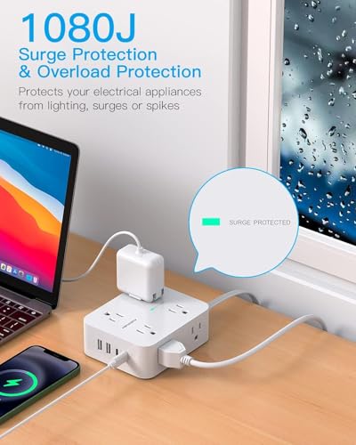 HANYCONY 5Ft Flat Surge Protector Power Strip with 12 Outlets & USB-C Ports