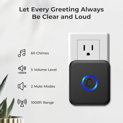Wireless Doorbell with 1000ft Range - Waterproof, 60 Melodies, 1 Receiver & 1 Button, Black