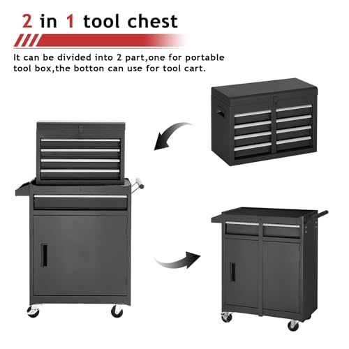 AirWire 5-Drawer Rolling Tool Chest Black – 20.2" L x 11" W x 40" H, Detachable Toolbox