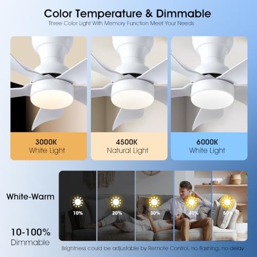 Kviflon 30 Inch White Ceiling Fan with Light & Remote Control, Reversible Blades