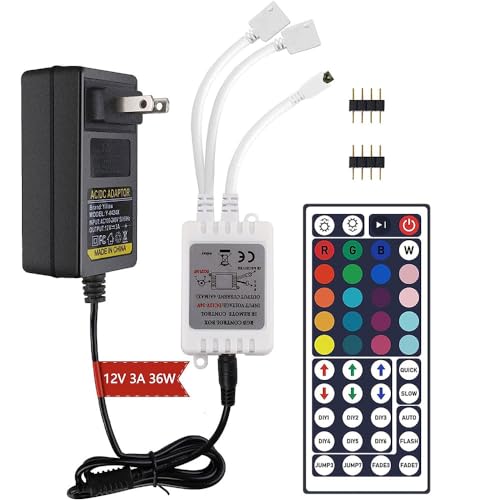 Yiliaw 44-Key IR Remote Control Kit for 12V RGB LED Strip Lights with Power Supply & Control Box - Replacement for SMD 5050 3528 2835