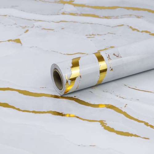 White Gold Marble Contact Paper for Countertops 15.7" X 78"Glossy Peel and Stick Wallpaper Waterproof Self-Adhesive Removable Wall Paper for Kitchen Cabinets Bathroom Furniture Refurbishment