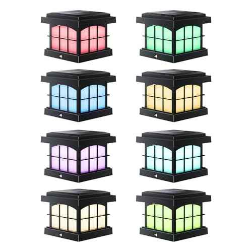 PARTPHONER RGBCW Solar Post Cap Lights 8-Pack, 9 Colors 3 Modes Fence Caps, Bright Solar Outdoor Waterproof LED Deck Lighting for Fence Garden Deck Patio Porch Decor 4x4 Vinyl/Wood, Black