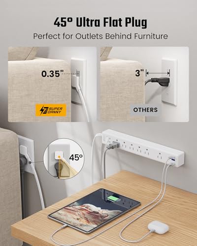 SUPERDANNY 10Ft Flat Extension Cord with Surge Protector Power Strip White