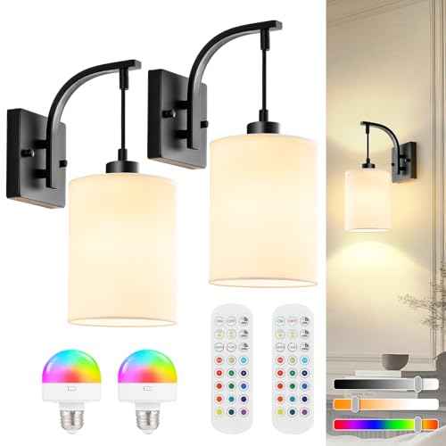 Battery Operated Wall Sconces Set of 2, Black Rechargeable Wall Sconces with Remote & Bulbs, Indoor Not Hardwired Wall Lights, 15 Colors Dimmable Cordless Wall Lamps for Living Room Bedroom Hallway