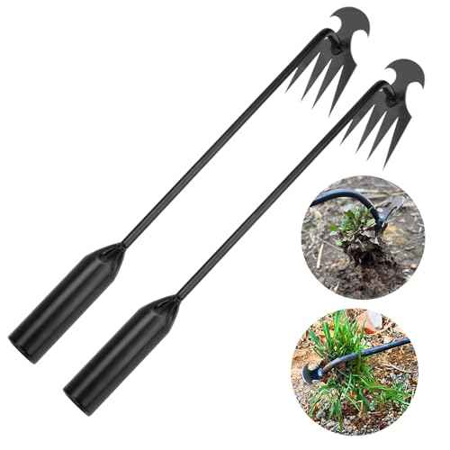 WMM Weed Puller Tool Gardening Tools Set of 2 Uprooting Weed Pulling Tool, 4 Teeth Manganese Steel Forged Weeding Tool for Vegetable, Portable Hand Weeder Tool for Garden Farm Planting Weeding