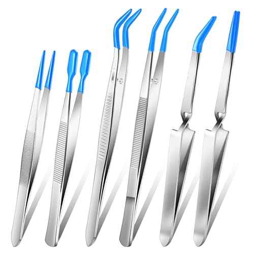6 Pieces Tweezers with Rubber Tips Rubber Tipped Tweezer Cross Lock PVC Coated Tweezers Craft Jewelry Anti Scratch Long for Crafting Beads Jewelry Stamps Succulents Pet(Blue)