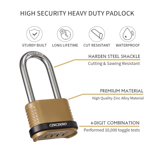 CINCINNO 4 Pack Heavy Duty Combination Padlocks with Long Shackle, Weatherproof 4-Digit Code Lock for Outdoor Security