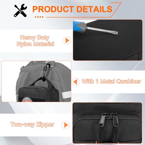 Heavy Duty Small Tool Bag Storage with 2 Zipper Pouches, Multi-functional Tactical Molle Tool Organizer Case with Locking Carabiner for Camping, Road Trip, Electricians, EDC, Multimeter Case