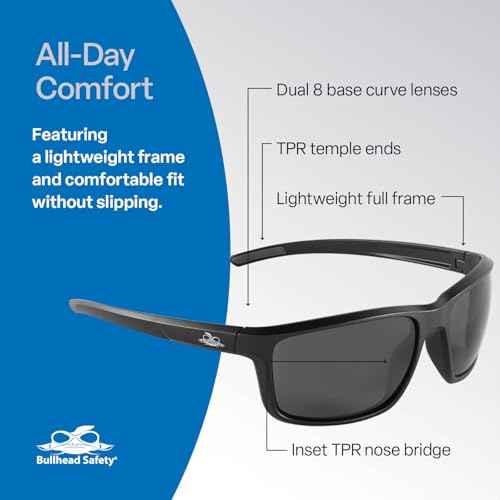 Bullhead Safety Eyewear BH2763AF Pompano, Matte Black Frame/Temple Smoke Af Lens Black Tpr Nose Piece And Temple Ends