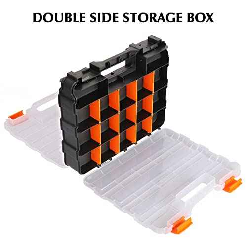 EMENTOL 2PCS Double Side Tool Organizer with Impact Resistant Polymer and Customizable Removable Plastic Dividers, Hardware Box Storage, Excellent for Screws, Nuts, 34-Compartment, Black/Orange