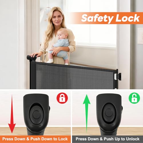 Peluasua Black Retractable Baby Gate for Doorways 55" Wide x 33" Tall Mesh Pet & Child Safety Barrier