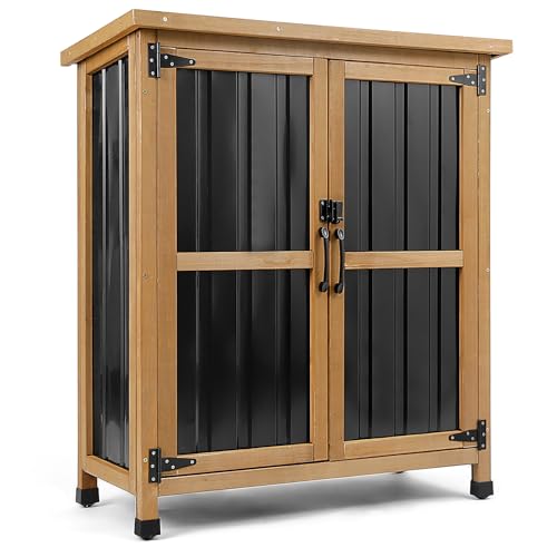 PetsCosset Small Black Outdoor Storage Cabinet with Lockable Doors, Weatherproof, 32x13x40 inches