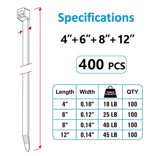 ANOSON Assorted Zip Ties 4”, 6”, 8”, 12” – 400 Pack UV-Resistant Cable Ties
