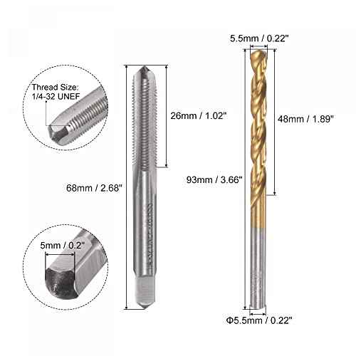 uxcell 1/4-32 UNEF Straight Flute Thread Tap and 5.5mm Twist Drill Bit Set, Titanium Plated 6542 High Speed Steel Drilling Bit Machine Threading Tap