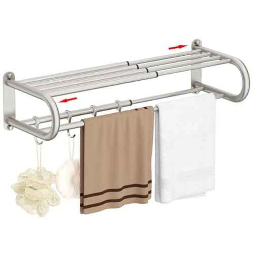 BESy Adjustable 15-25 Inch Towel Rack with Shelf for Bathroom and Lavatory Towel Shelf Double Towel Bar Rod 4 Hooks Wall Mount Multifunction Towel Holder Hotel Style Stainless Steel Brushed Nickel