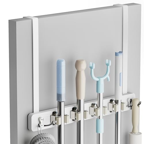 Lorbro White Door Mount Broom and Mop Holder No Drill Over-the-Door Organizer