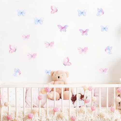 6 Sheets 36 Pcs Light Blue and Light Pink Butterfly Wall Stickers, sacinora DIY Watercolor Art Wall Decals Removable Vinyl Peel and Stick for Kids Baby Nursery Bedroom Playroom Home Decorations